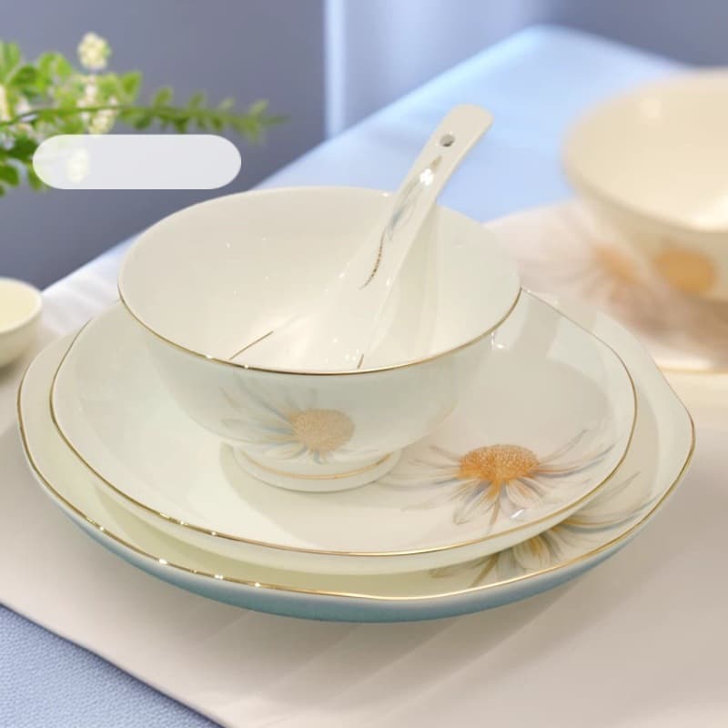 Creative Bone China Household Bowls, Plates, Spoons and Dishes, Gold-Rimmed Bone China Tableware Set 4.5inch Small Bowls 7inch 8inch Lotus Plates