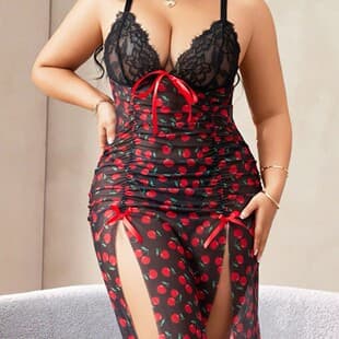 Sexy Lingerie Cross-border Lace Print Nightgown Sexy Mesh Sleepwear V-Neck Pajamas Side Slit Pajamas