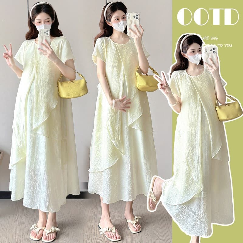 Real Shot Maternity Wear 2026 Summer French Round Neck Lyocell Tencel Ruffled Slimming Maternity Dress