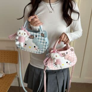 Cross-border cute cartoon Hello Kitty cat handbag women's new fashion contrast color plaid single shoulder crossbody bag