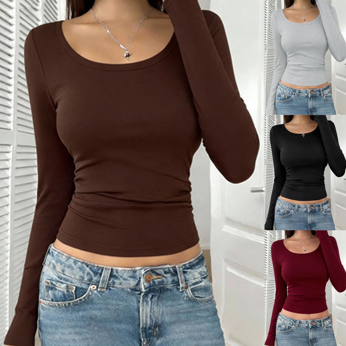 New Slim Fit Round Neck Cropped Solid Basic Versatile Long Sleeve T-Shirt for Cross-Border Sales on Amazon US and Europe