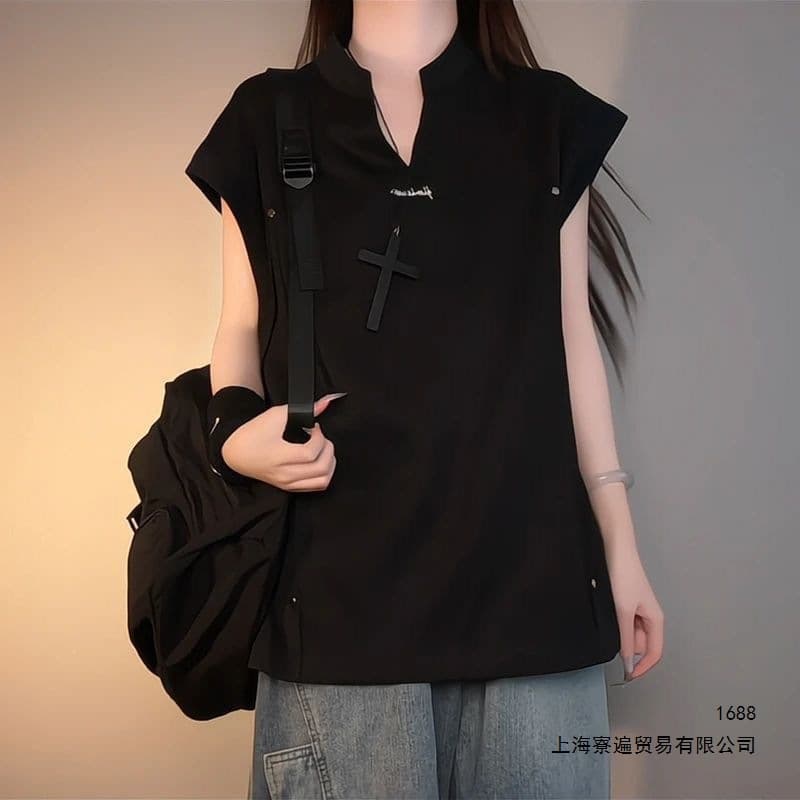 Black deconstructed rivet v-neck vest men's summer design sports sleeveless T-shirt cleanfit waistcoat top