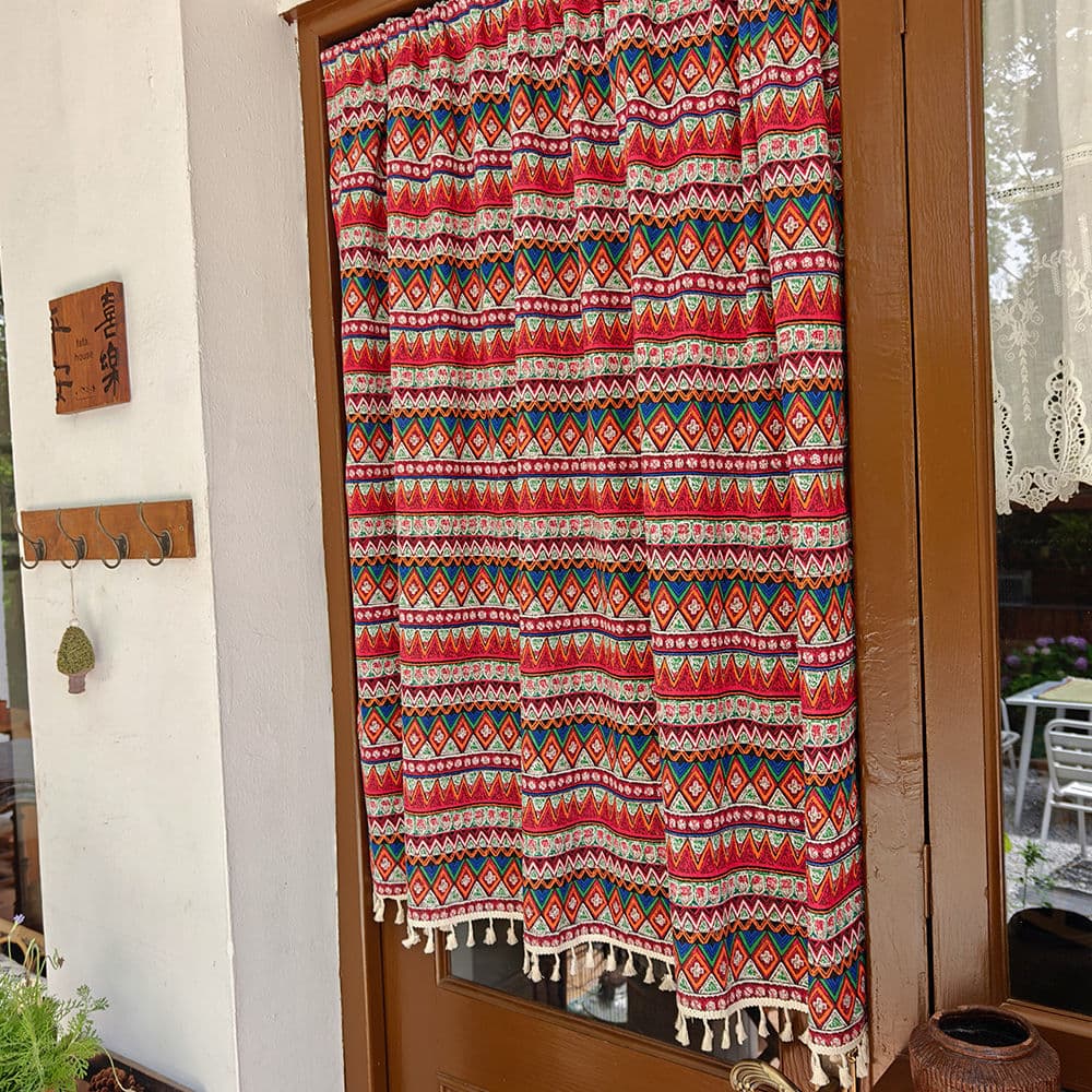 Ethnic Style No-Drill Japanese Half Curtain, Cafe Decorative Partition Curtain for Bedroom Kitchen