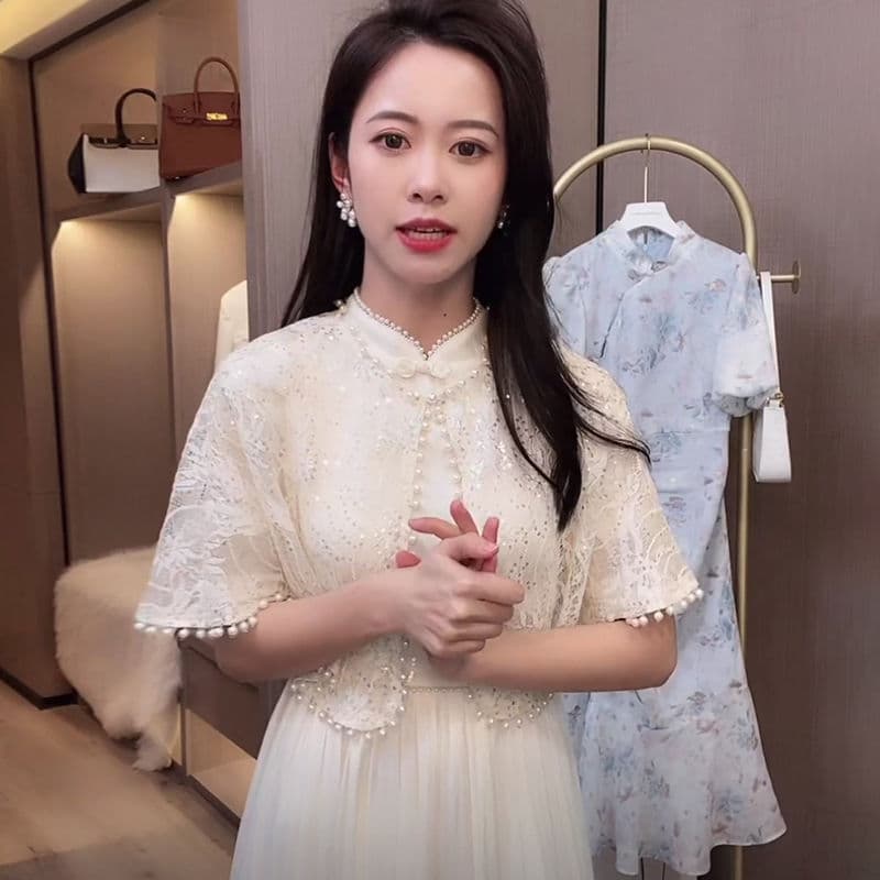 Women's Outer Cape Cheongsam Dress 2026 Spring Summer New Style Short Sleeve Mid-Length Fairy Dress Shawl