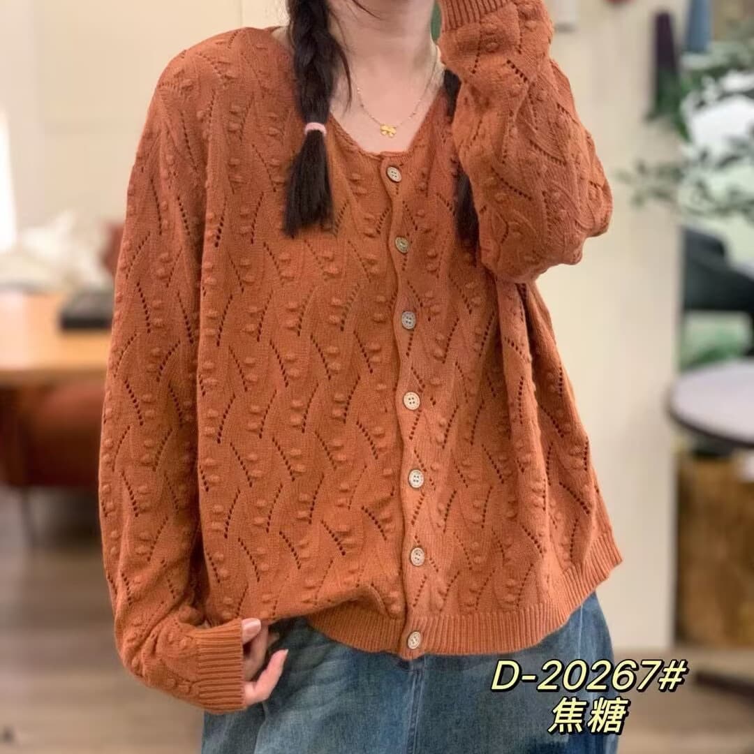 Knitted Cardigan Autumn Retro Hollow Crochet Cotton Knit Cardigan Women Long Sleeve Sweater Outerwear Jacket 20267