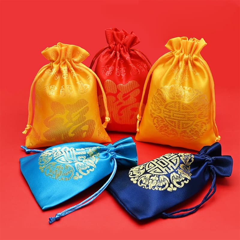 Brocade handcrafted jacquard "Fu" character drawstring bags, ready for bulk supply of jewelry and holiday gift packaging