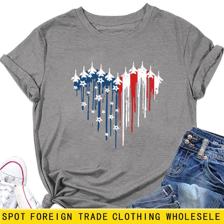 Fashionable Casual Women's Round Neck Short Sleeve T-Shirt with Airplane, Heart, and Flag Print for Amazon Wholesale Cross-Border