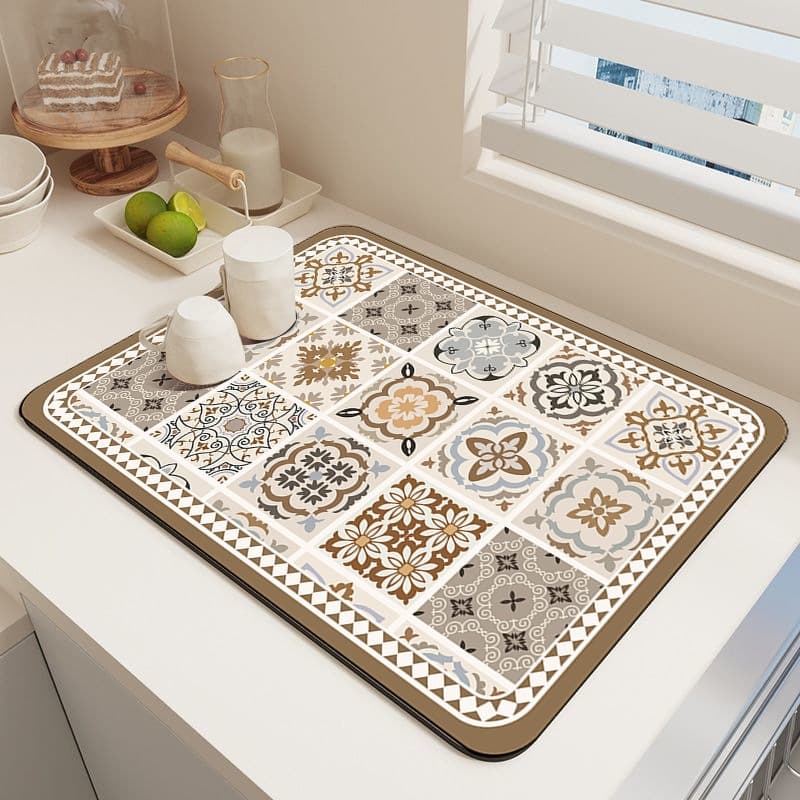 Cross-border American Retro Patterned Tile Diatom Mud Kitchen Drying Mat, Water-Absorbent, Oil-Absorbent, Stain-Resistant Table Mat, Durable, Non-Slip Table Mat