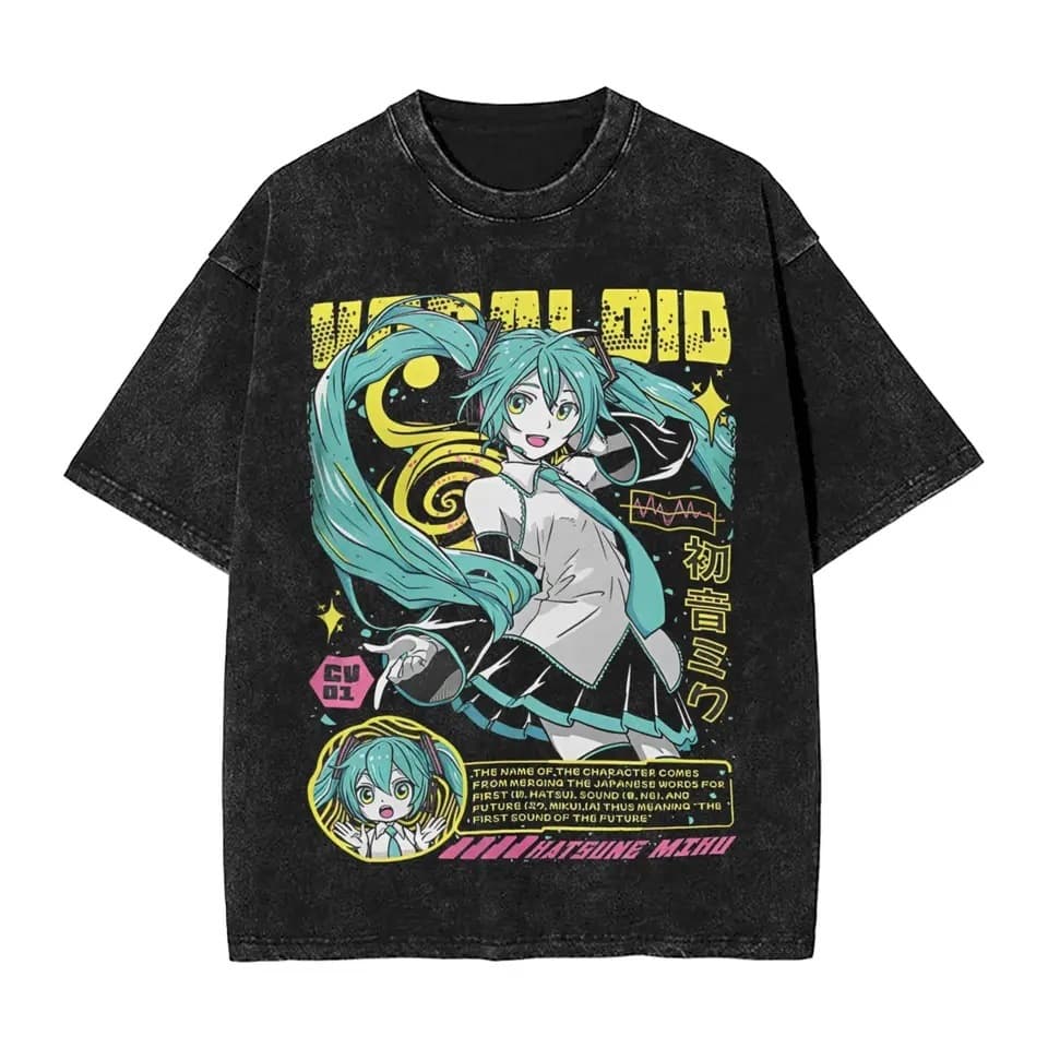 Hatsune Miku singer music anime washed T-shirt streetwear novelty T-shirt men's T-shirt women's T-shirt men's collarless