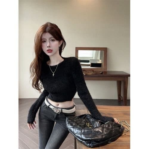 Sexy Spicy Girl New Pure Desire Back Hollow Out Waist Tie Top Women Slim Long Sleeve Knitted Short Base Shirt Crew Neck Pullover