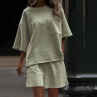 2025 Cross-border Fashionable Summer Women's Short Sleeve Shorts Set Sporty Casual Lightweight Luxury Loose Two-Piece Set