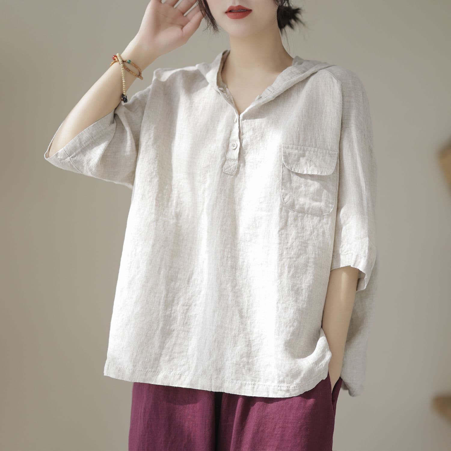 New Short Sleeve T-Shirt Women's Cotton Linen Hoodie Loose Simple Artistic Slimming Top