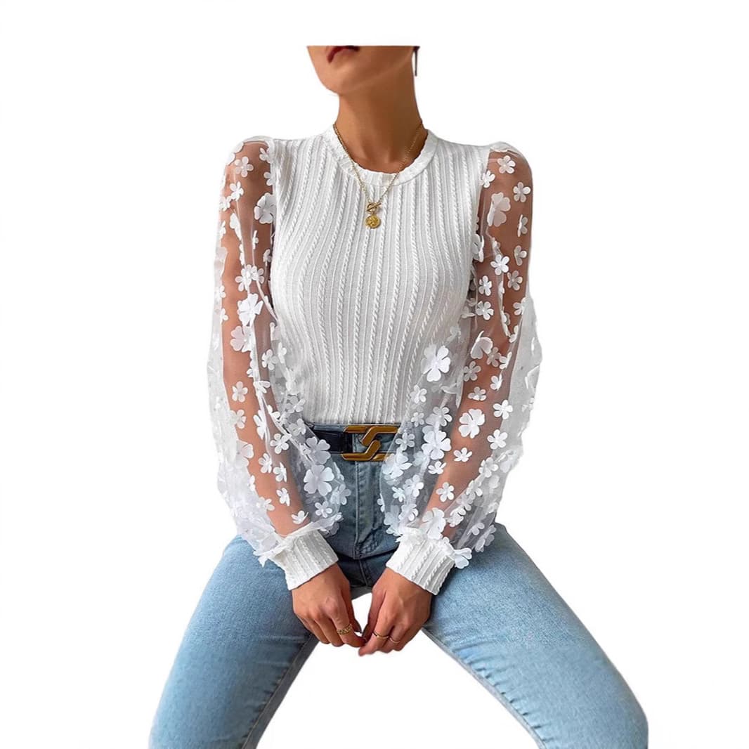 European and American cross-border women's clothing mesh small flower chiffon shirt women's 2024 spring and summer round neck slim pullover long-sleeved top
