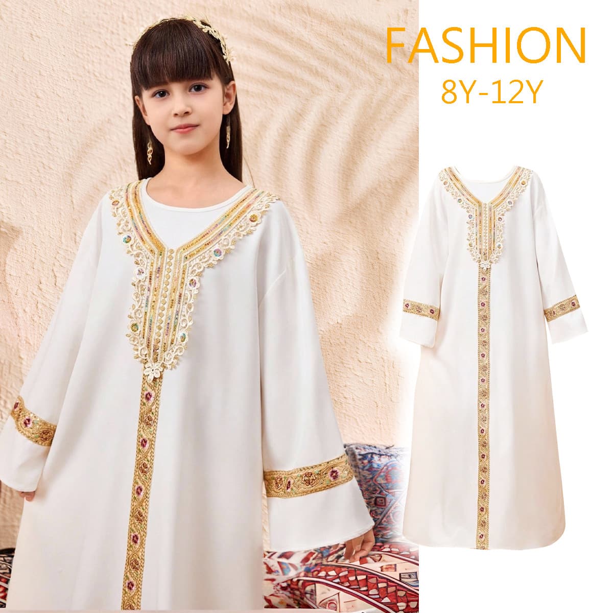 Girls' Dress Spring Autumn Long Sleeve Long Skirt Children's Gold Lace Trim Loose Gown