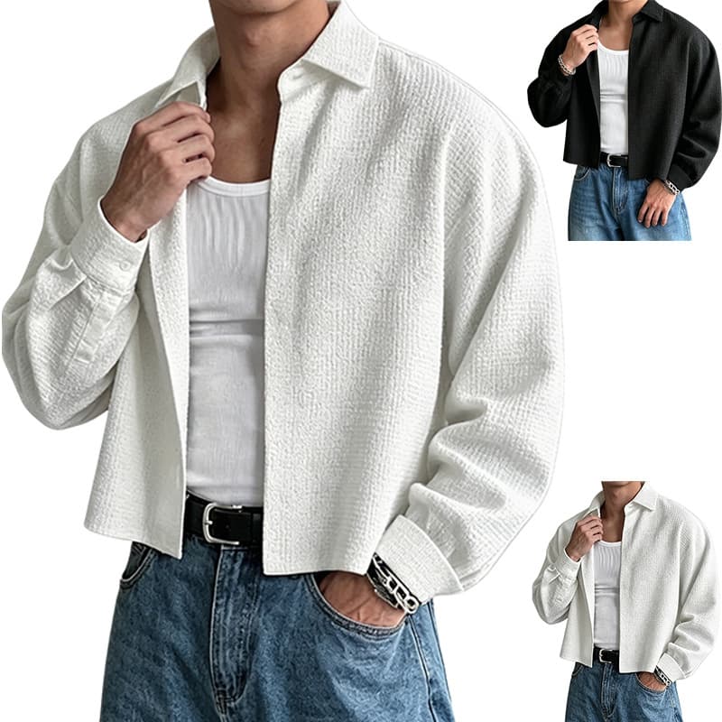 European and American Cross-border Men's Textured Short Shirt Loose Drop Shoulder Turn-down Collar Layering Solid Color Casual Long Sleeve Shirt Wholesale