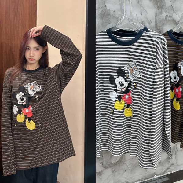 Korean design cartoon print striped long-sleeved T-shirt, lazy and age-reducing, versatile fashionable women's early autumn new top T-shirt