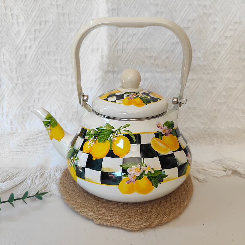 Enamel Pear-Shaped Kettle with Lemon Flower Pattern, Camping Teapot, Stovetop Gas and Induction Cooker Compatible