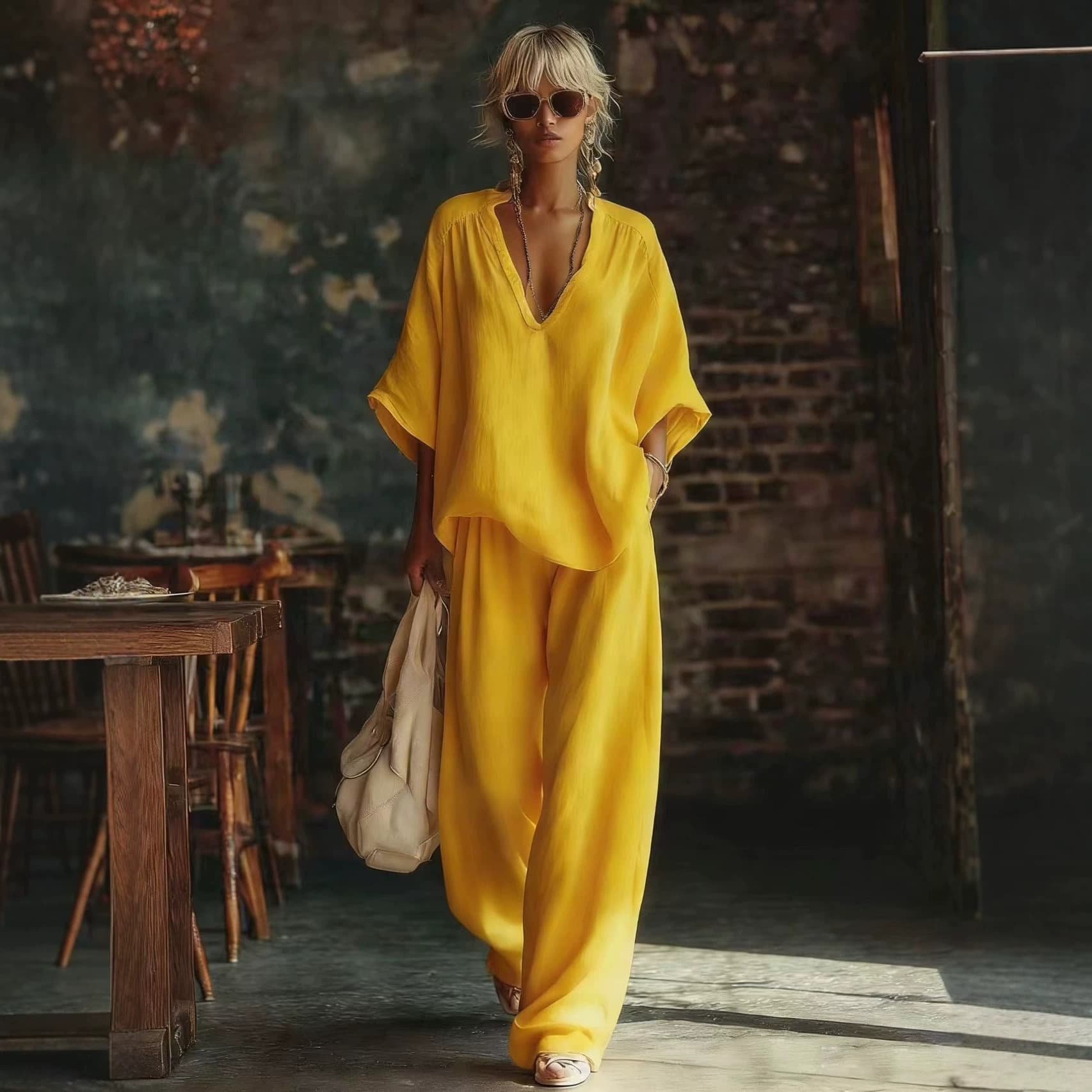 2026 European and American Cross-Border Women's Fashion Casual Solid V-Neck Loose Short Sleeve and Casual Pants Two-Piece Set