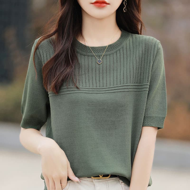 2025 Summer New Women's Clothing Beaded Ice Silk Short-Sleeve Knitted T-Shirt, Round Neck, Thin, Korean Style, Wholesale for Foreign Trade