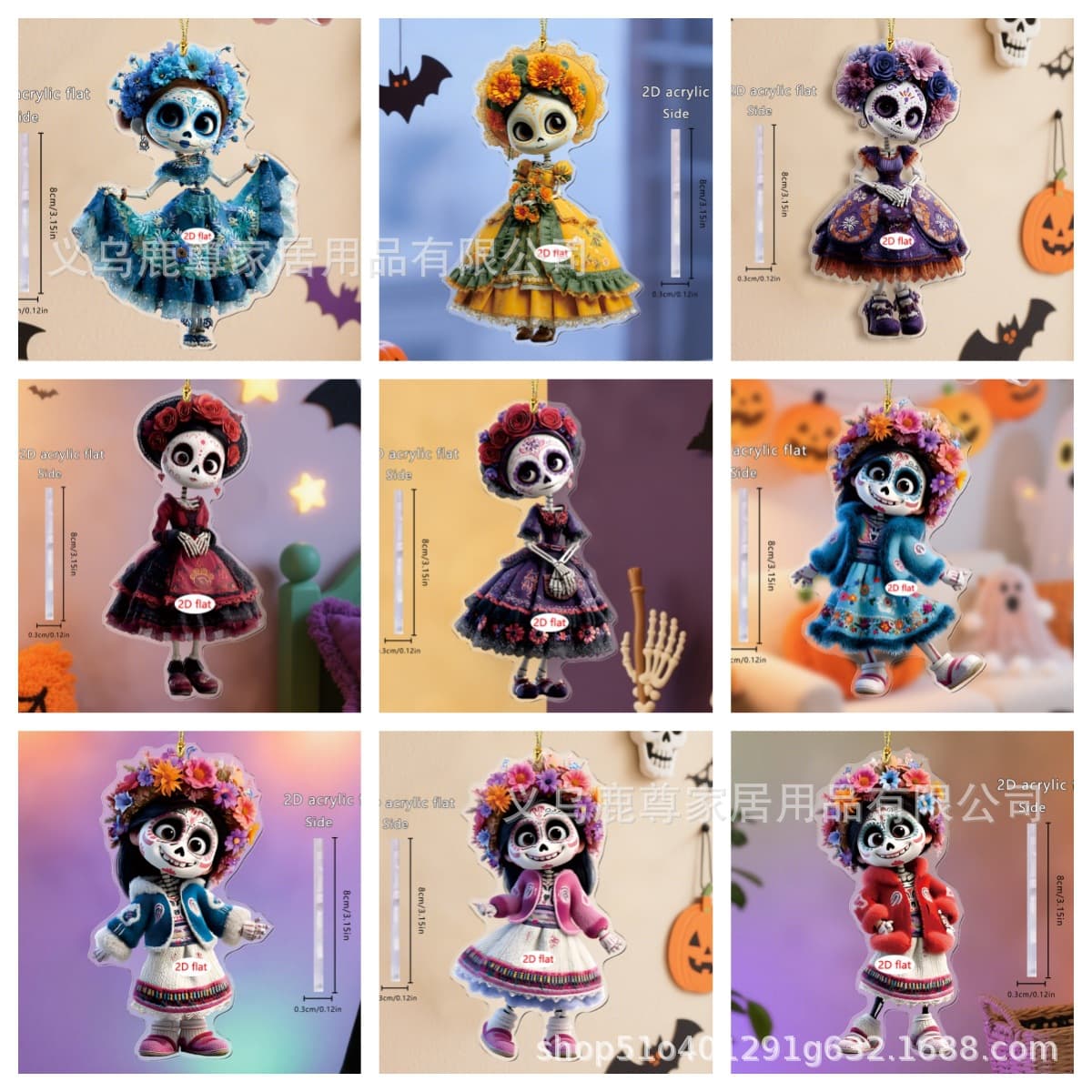Halloween elegant skeleton girl wearing a red skirt 2D flat acrylic car backpack pendant