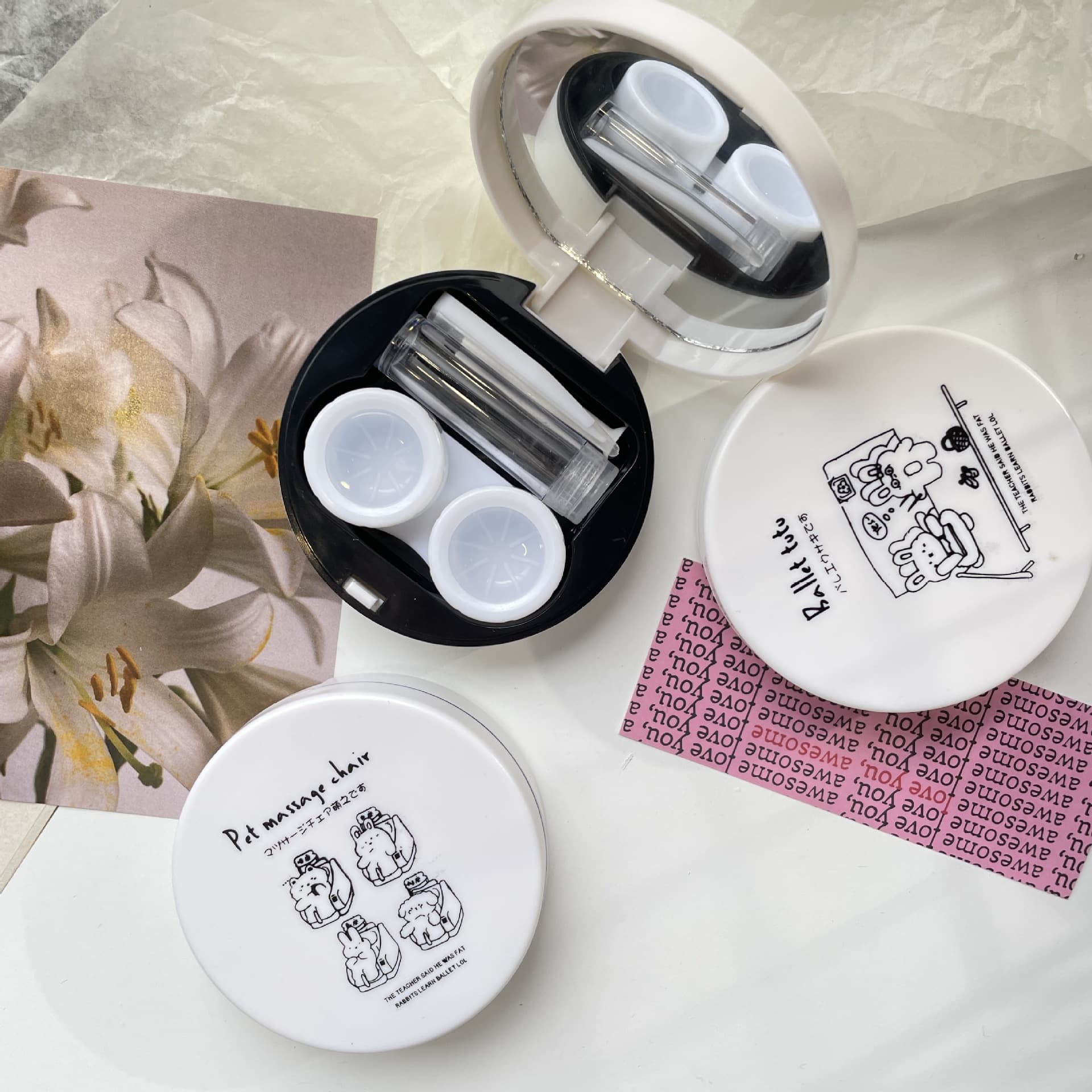 Contact Lens Case Colored Contact Lens Box Portable Travel Storage Case with Applicator Tweezers Suction Stick Cleaning Tool for Insertion and Removal