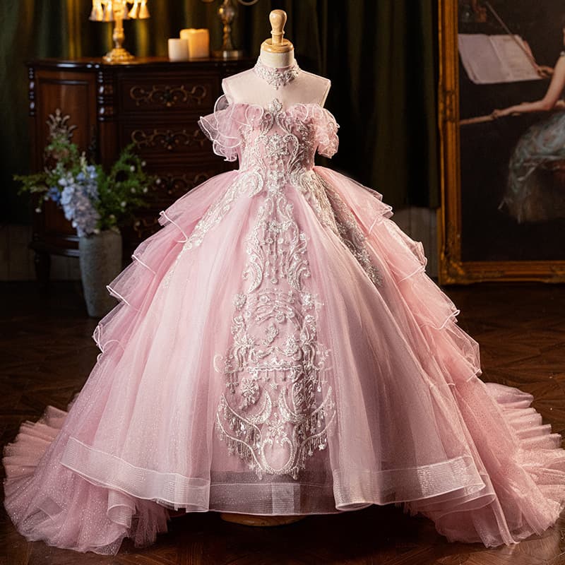 2026 New Children's Host Dress Birthday Wedding Pink Princess Gown Piano Performance Costume Wholesale