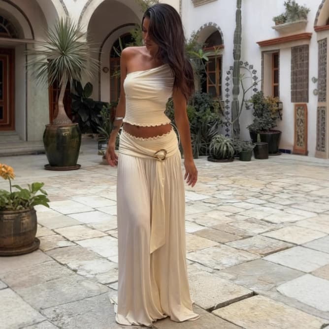 European and American Women's Fashion 2025 Autumn New Trendy Sexy Off-Shoulder Ruffle Ring Slimming Bodycon Long Dress Two-Piece Set