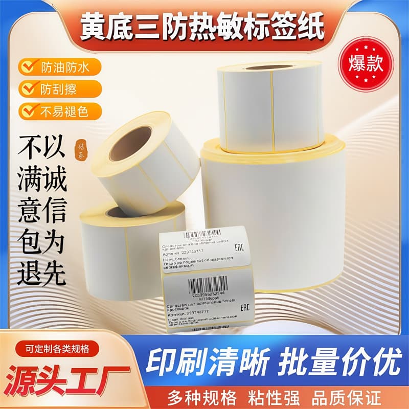 Cross-Border Yellow Base Waterproof, Oilproof, Tear-Resistant Thermal Label Paper 100*150, 75*120, 58*40, 58*60 Adhesive Printing Paper