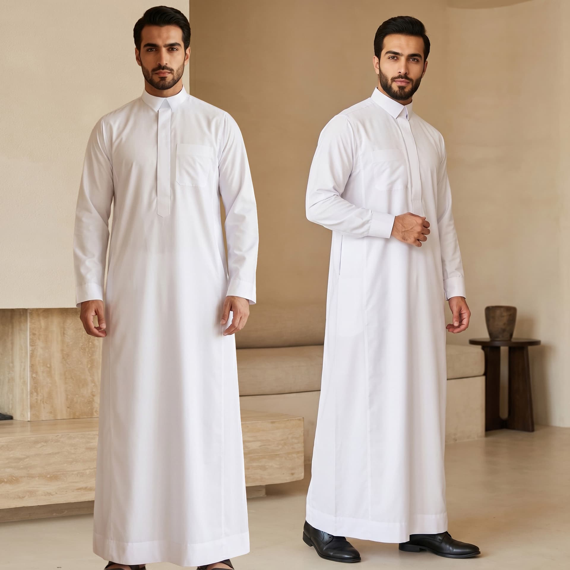 ST01 New Men's Thobe Pure White Zip-Up with Pockets Stand Collar Half-Zip Basic Style In Stock