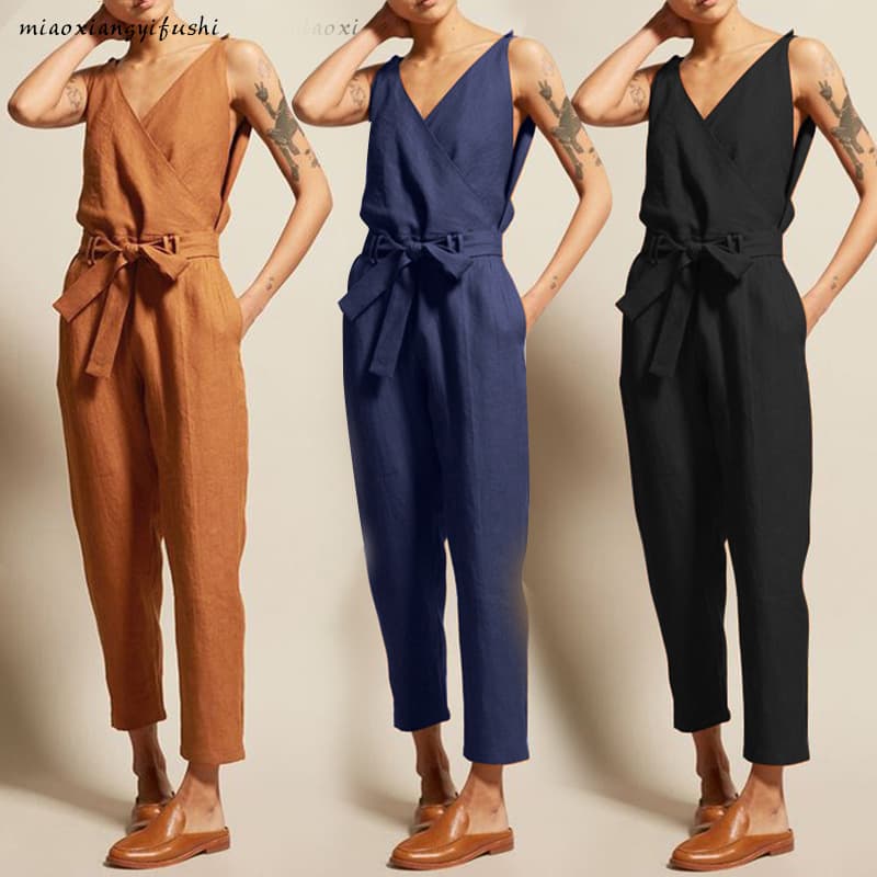 Elegant Workwear Romper with Belt V-neck Casual High-waisted Wide-leg Long Pants Bohemian Style Cotton Blend Women's Clothing