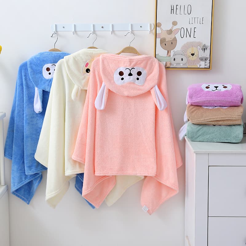 Cross-border Hot Seller Ready Stock Large Soft Absorbent Cartoon Infant Wearable Hooded Coral Fleece Cape Kids Towel