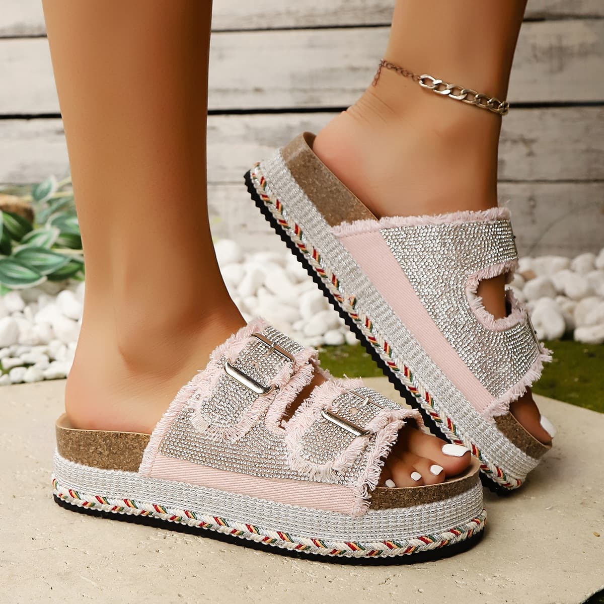 Cross-border Europe and America Rhinestone Thick Sole Beach Sandals 2026 Summer Tassel Rope Double Buckle Large Size Outdoor Slippers 43