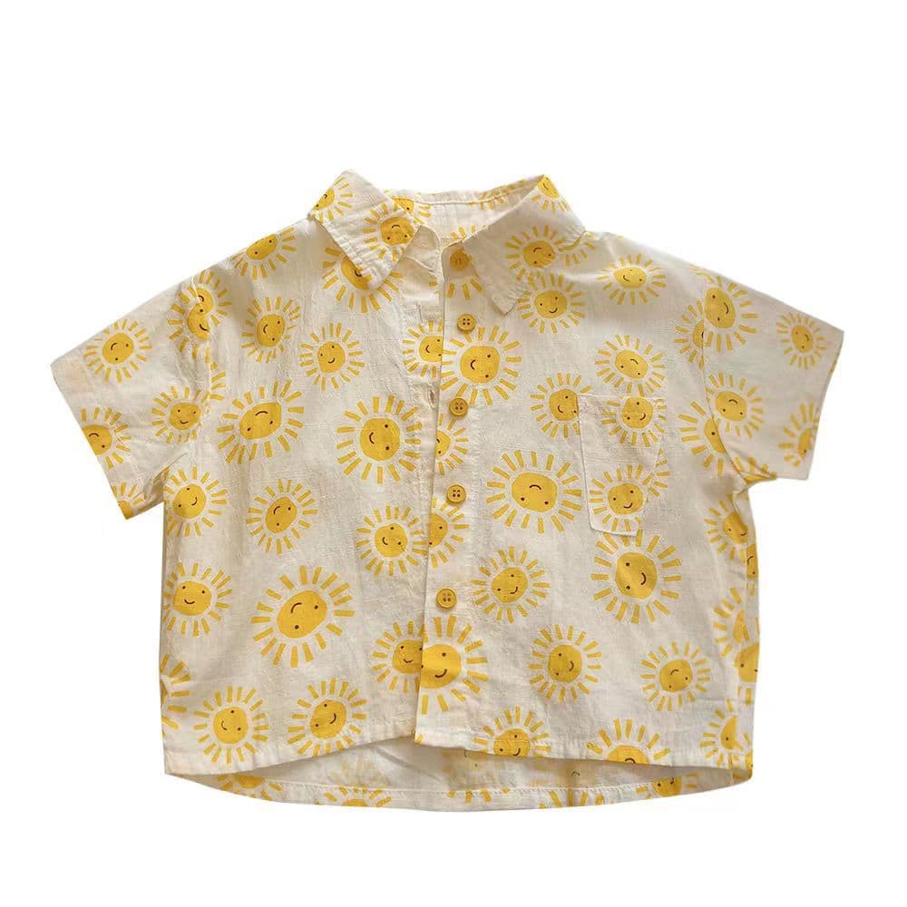 Summer Vacation Style Short Sleeve Shirt for Boys, Turn-Down Collar Shirt, Baby Top, Thin Cartoon Print