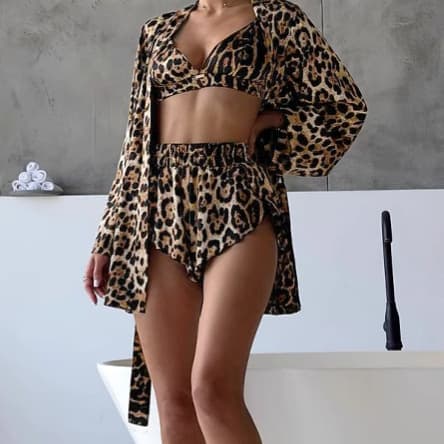 2026 European and American Summer New Leopard Print Long Sleeve Cardigan Camisole Shorts Pajama Three-Piece Set Cross-Border Women's Loungewear