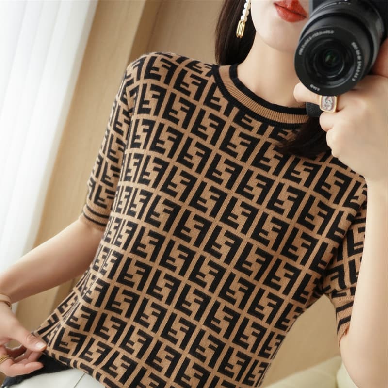 100 cotton short-sleeved T-shirt women's round neck sweater summer new jacquard double F plaid loose slimming anti-Pilling