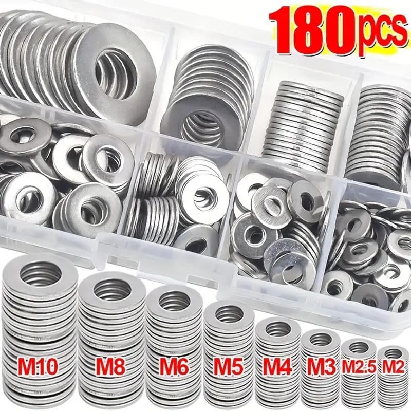 180-piece flat washer set, sizes M2-M10, easy to install, suitable for home renovation/shops/outdoor work