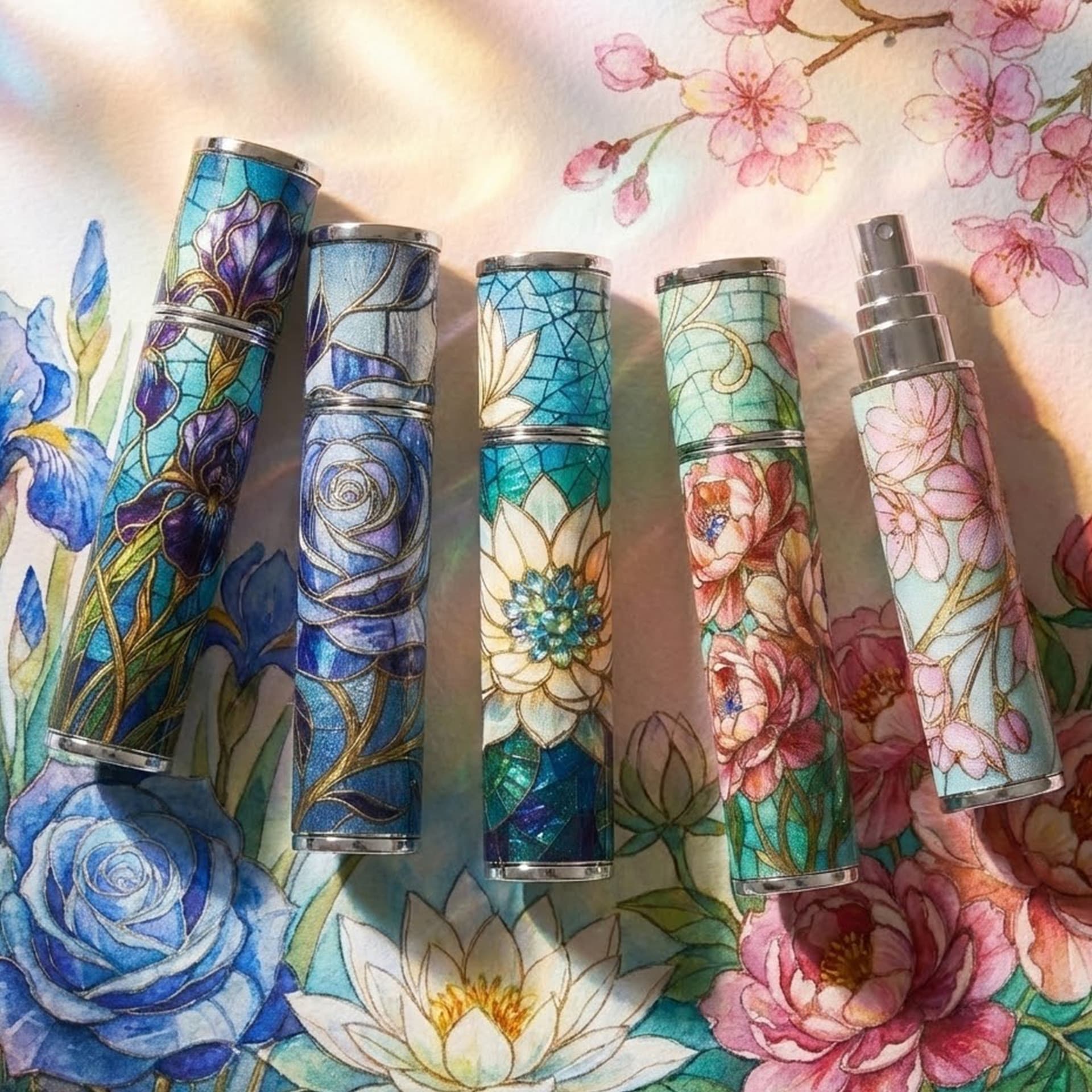 New 10ml Painted Glass Texture Leather Perfume Refillable Bottle Portable Spray Bottle Floral Pattern Dispenser