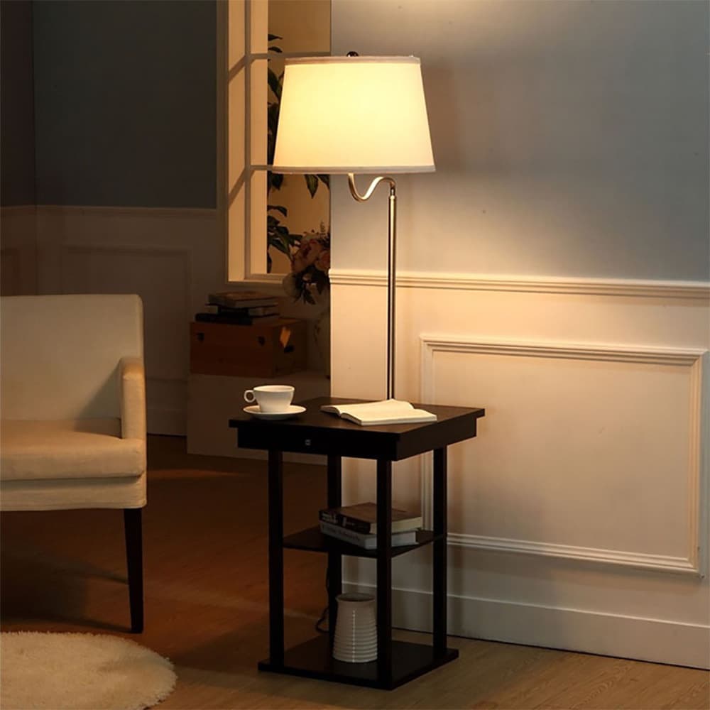 Fabric Floor Lamp with Storage Shelf, Wooden Desk Floor Lamp with USB Drawer, Bedside Desk Lamp with AC Plug