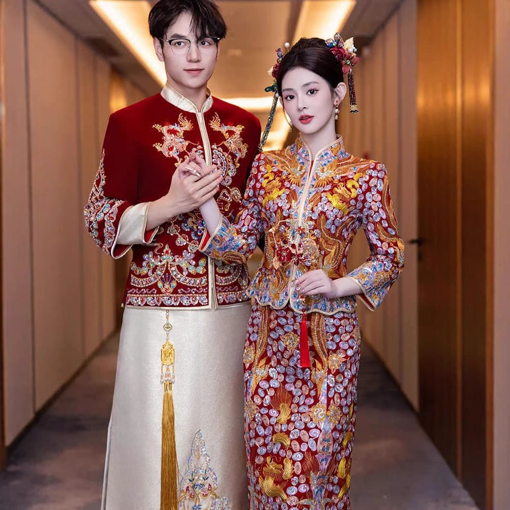 2025 New Chinese Wedding Dress for Bride, Dragon and Phoenix Embroidery, Heavy Craftsmanship, Slimming Wedding Gown for Tea Ceremony and Toasting