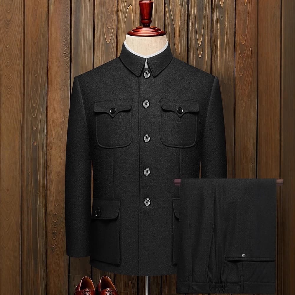 Four-season elderly men's Zhongshan suit, vintage grandpa's outfit, Chinese-style high-end performance suit set, classic Zhongshan suit.