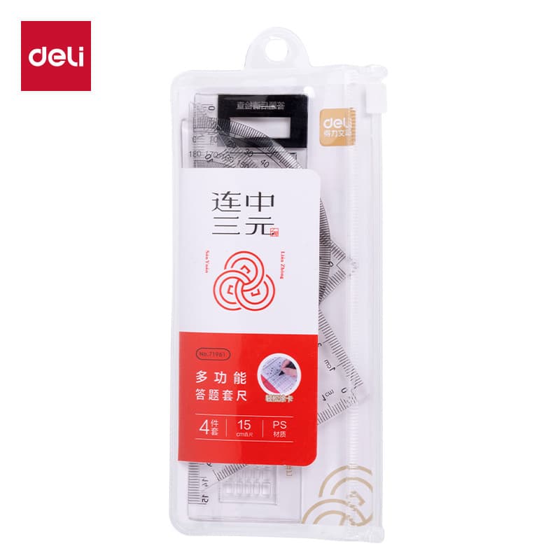 Deli 71961 Answer Card Ruler Set (Transparent Color) Ruler 4-piece Drawing Set School Stationery