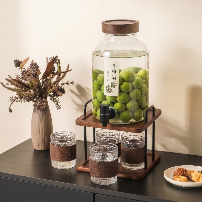 Summer Transparent Glass Green Plum Wine Brewing Jar, Household Fruit Tea Cold Water Pitcher Set, Large Capacity Water Pitcher with Cups