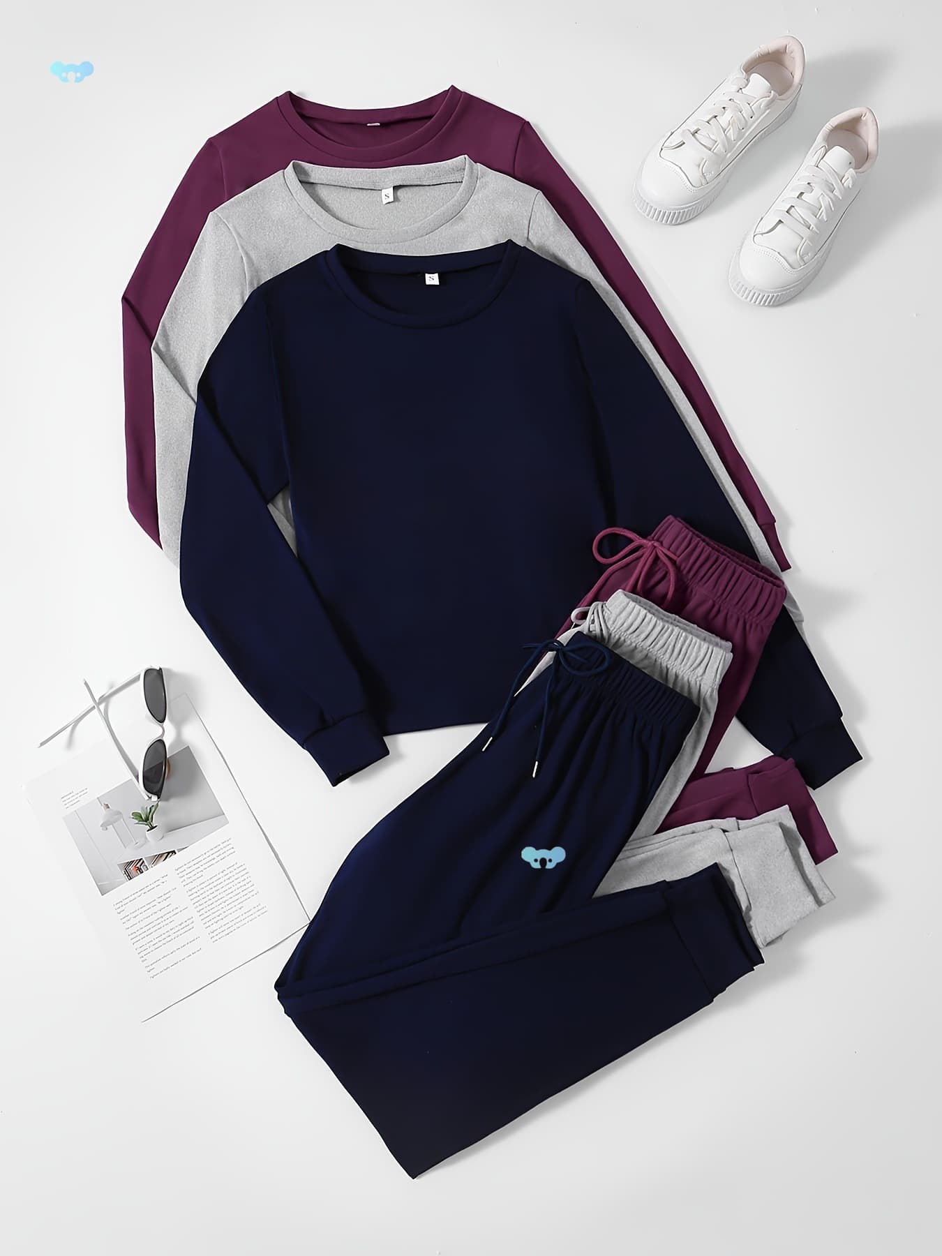 3-Set Women's Solid Casual Lounge Wear, Long Sleeve Round Neck