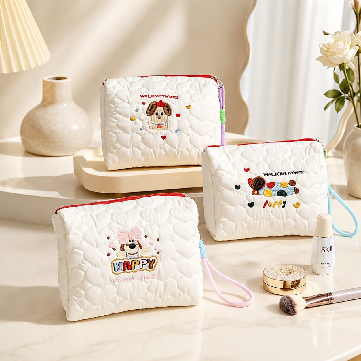 Cute Puppy Cosmetic Bag Women's Portable Large Capacity Skin Care Products Travel Handheld Storage Bag 2025 New Toiletries Bag
