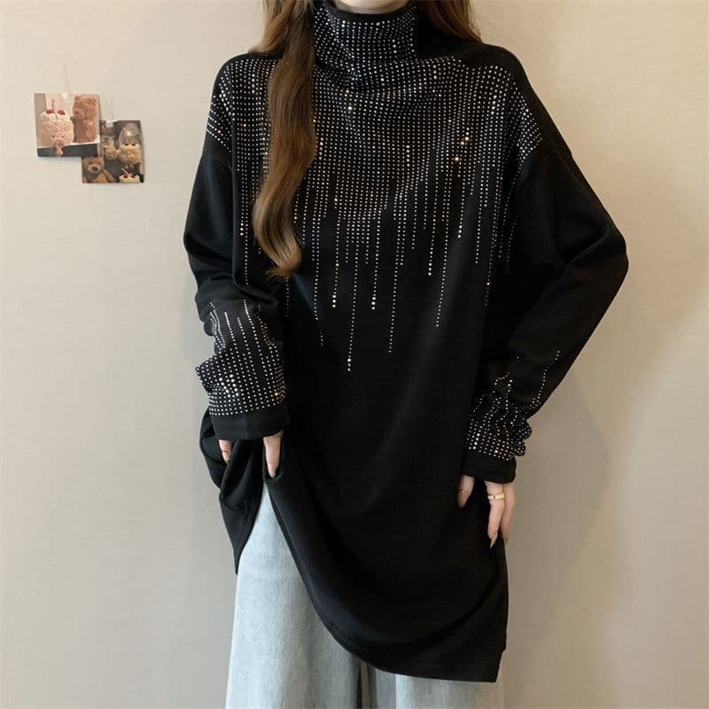 Plus Size Double-Sided Velvet Heavy Rhinestone High Neck Base Layer Top Women Autumn Winter 2025 New Loose Long Sleeve Blouse