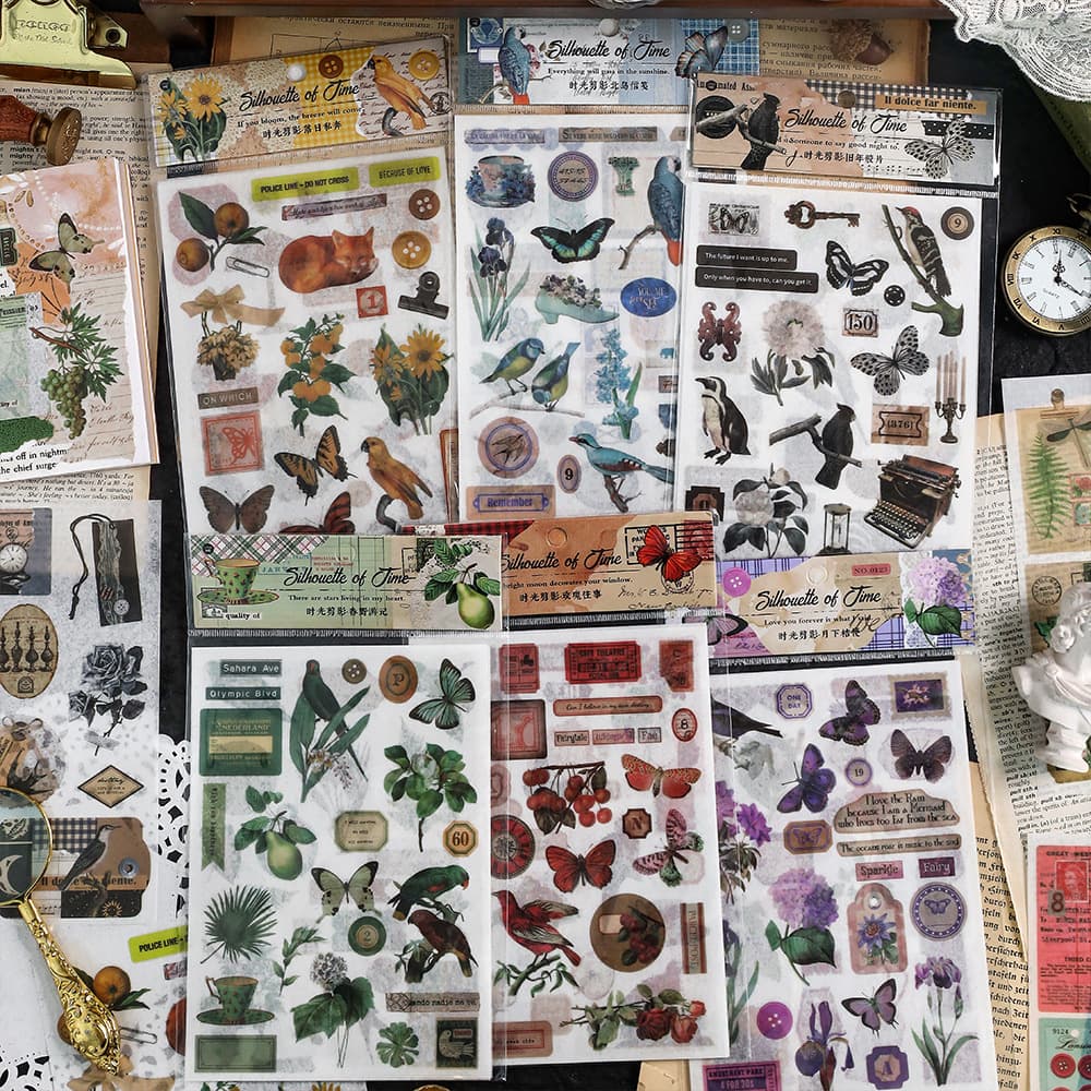 Infeel.me Time Silhouette Series Japanese Paper Stickers Literary Retro Ins Plant Butterfly Handbook Gu Card Sticker