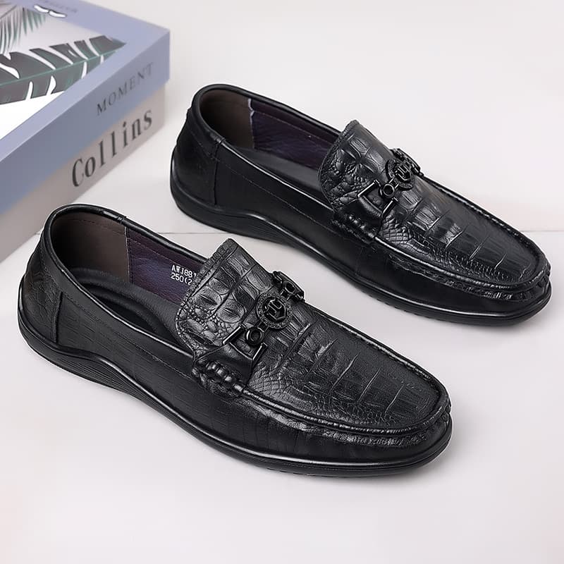 2026 spring first layer cowhide bean shoes for men crocodile pattern men's shoes versatile 4748 large size shoes genuine leather casual shoes for men