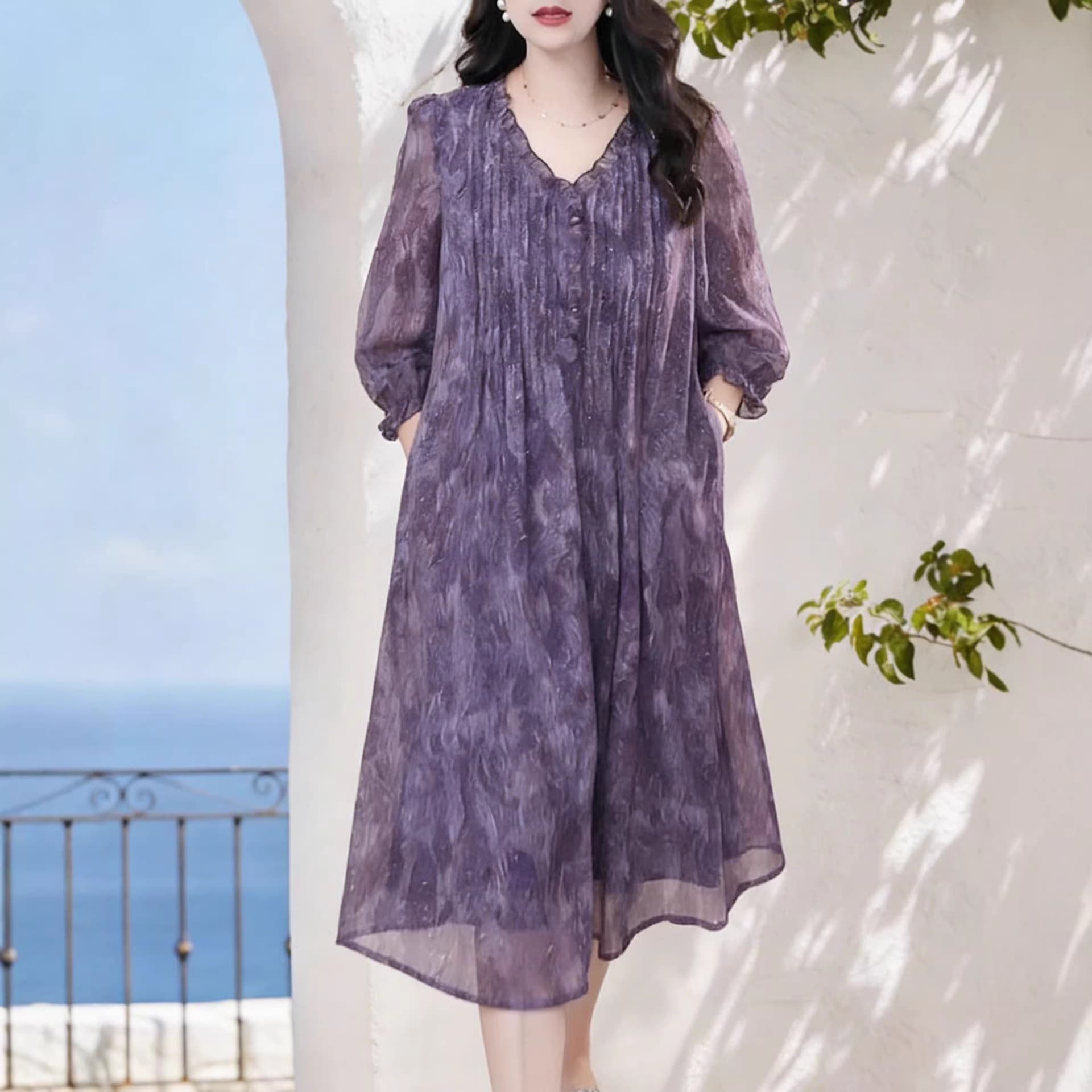2025 Summer New Fashion High-End Casual Floral Slimming Pleated Oversized Loose Chiffon Dress for Women