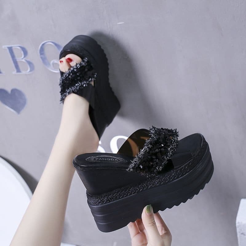 Warm Maple Women's Sandals Summer Ultra-Thick Platform 12cm Hidden Wedge Heel One-Strap Slide Fashionable Versatile Peep Toe