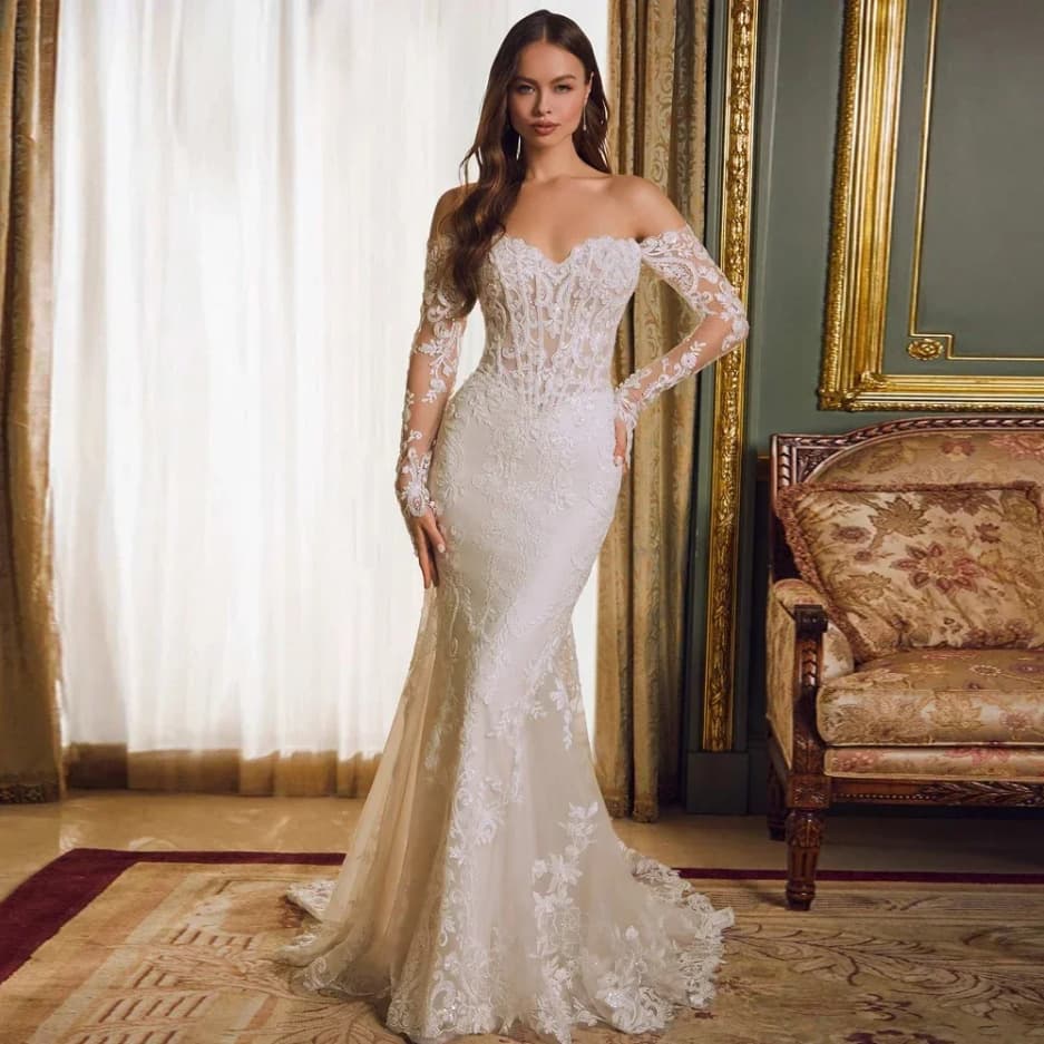 Cross-Border Off-Shoulder Lace Mermaid Wedding Dress 2026 New Bridal Main Gown High-End Texture Niche Luxury Wedding Dress